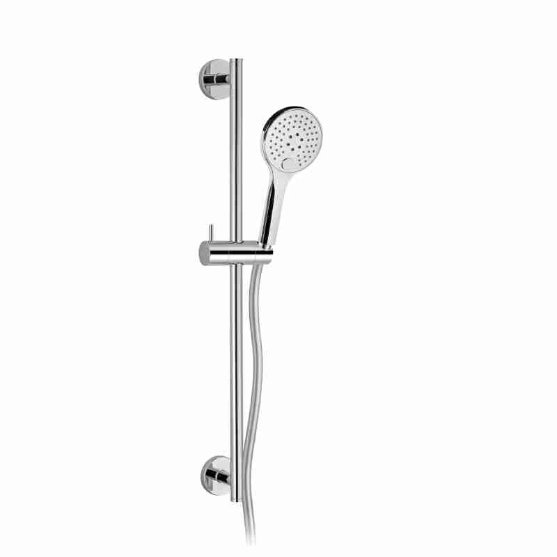 TIGE DE DOUCHE EN LAITON, Ø 18MM, AVEC SUPPORT DE DOUCHE RÉGLABLE EN ABS, TUYAU DOUBLE SERTISSAGE DE 1,5M ET POIGNÉE DE DOUCHE 3 JETS ABS.