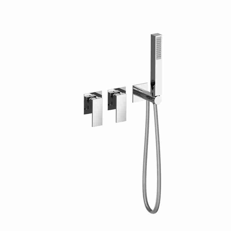 2 BUILT-IN SHOWER MIXERS WITH FIXED BRASS SHOWER SUPPORT WITH DISPENSER, 1.5M FLEXIBLE HOSE AND ABS SHOWER HEAD.